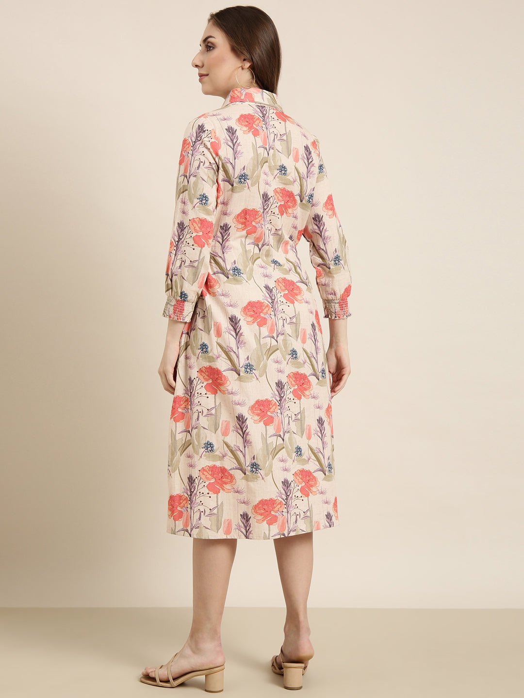 Women Beige Floral Shirt Dress