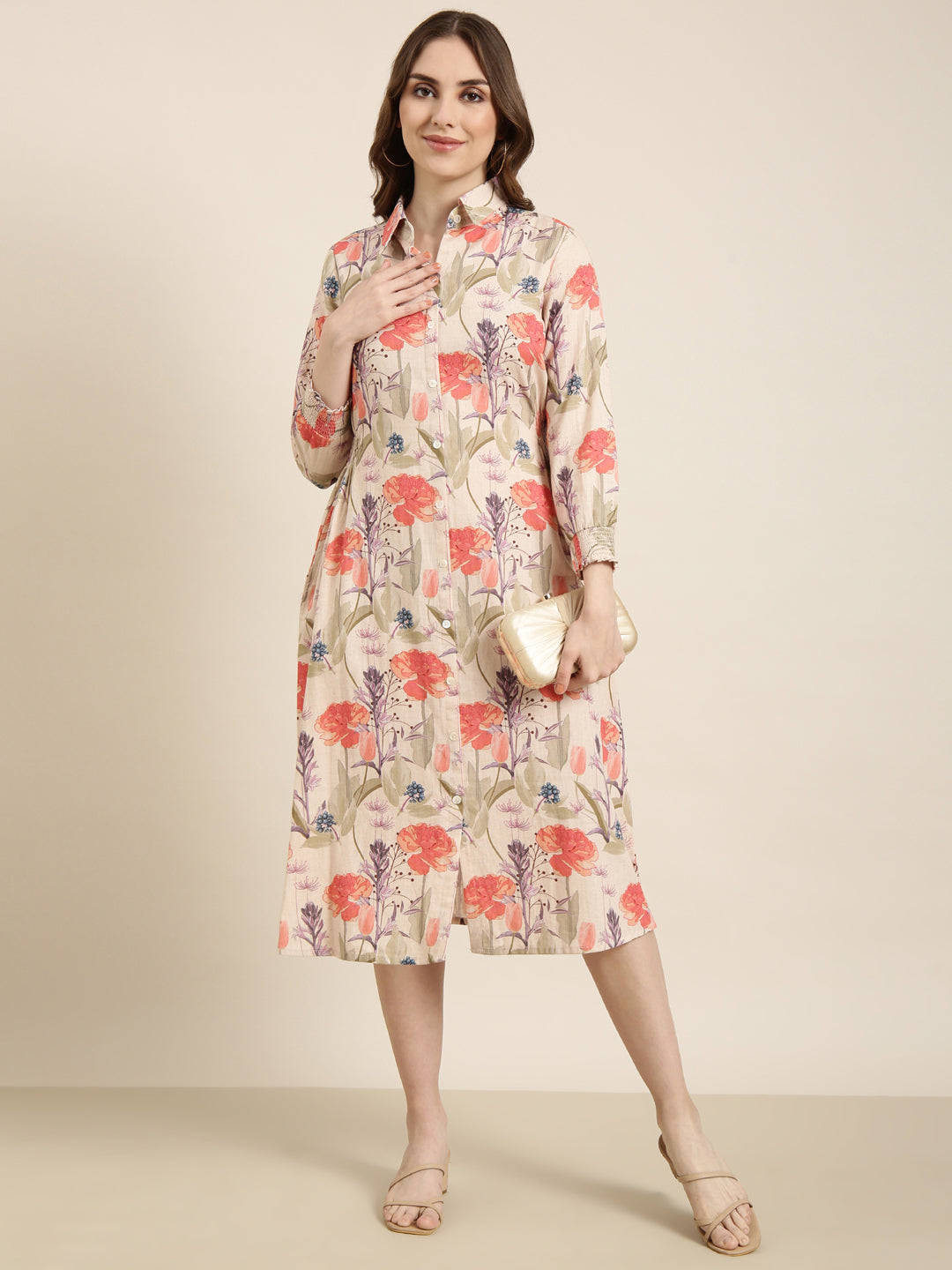 Women Beige Floral Shirt Dress