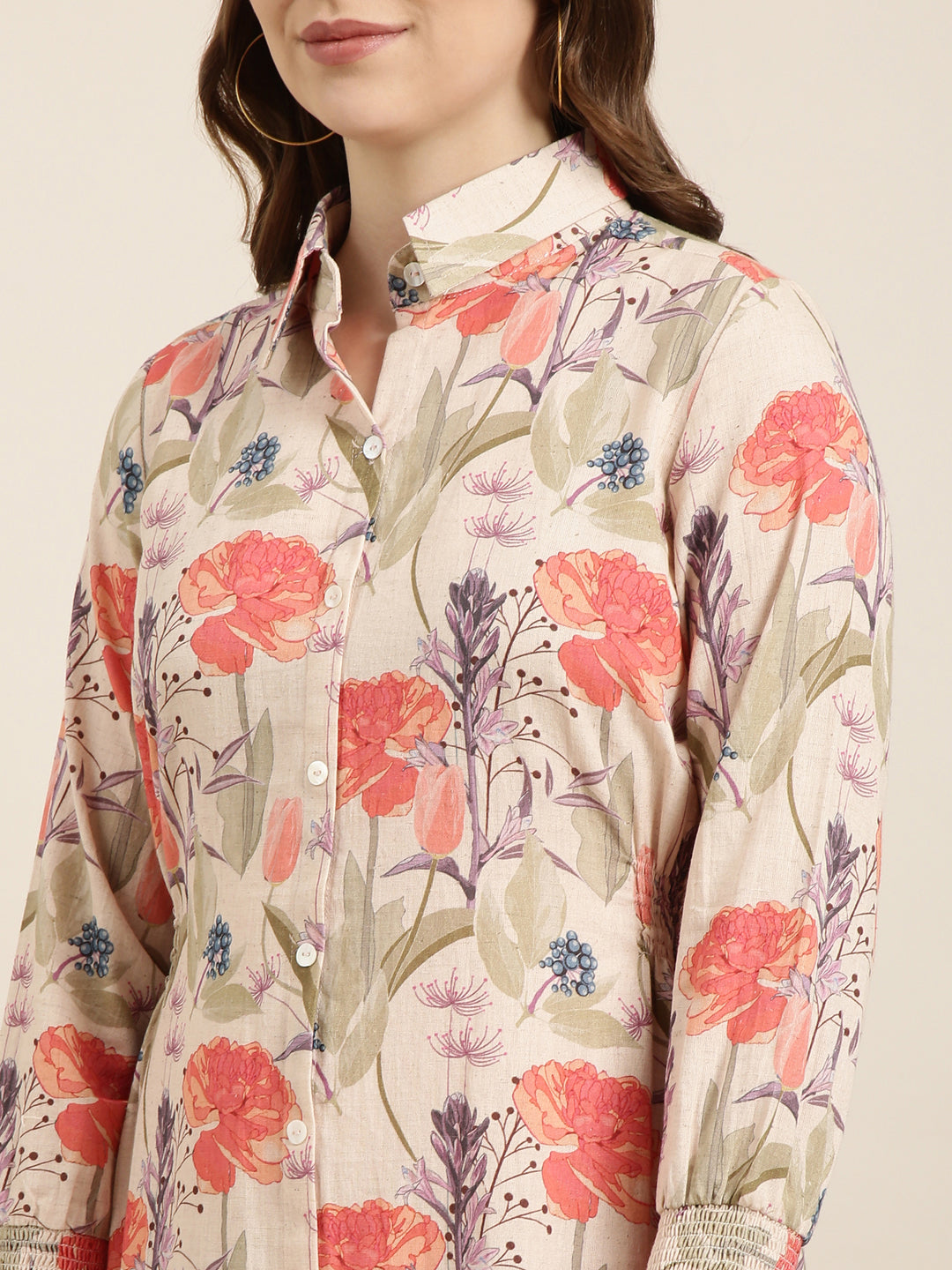 Women Beige Floral Shirt Dress