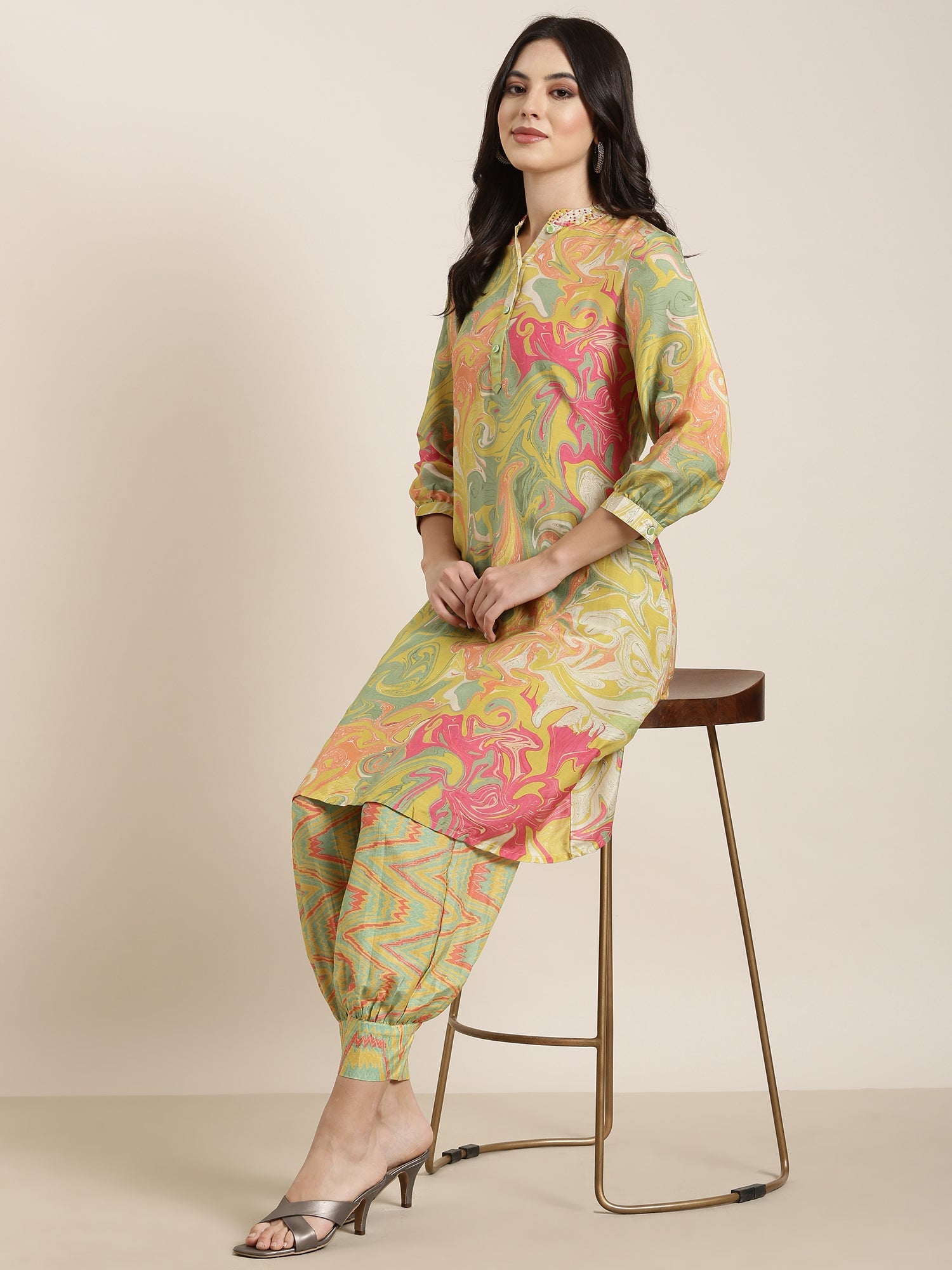 Women A-Line Green Abstract Kurta and Patiala Set