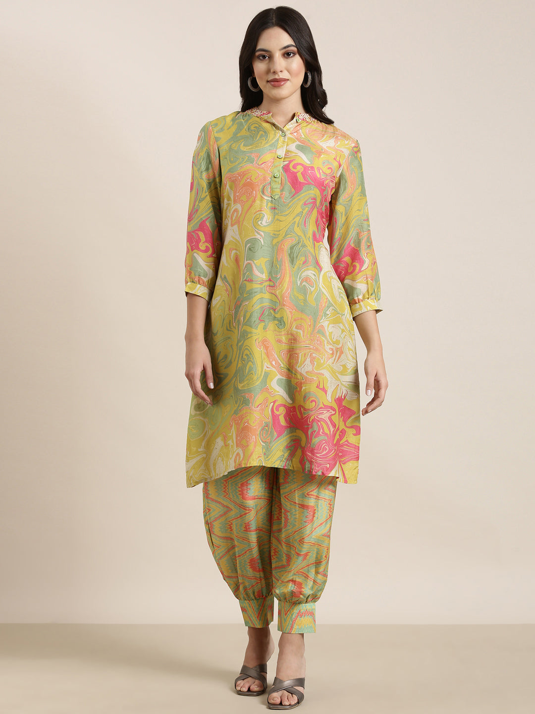 Women A-Line Green Abstract Kurta and Patiala Set