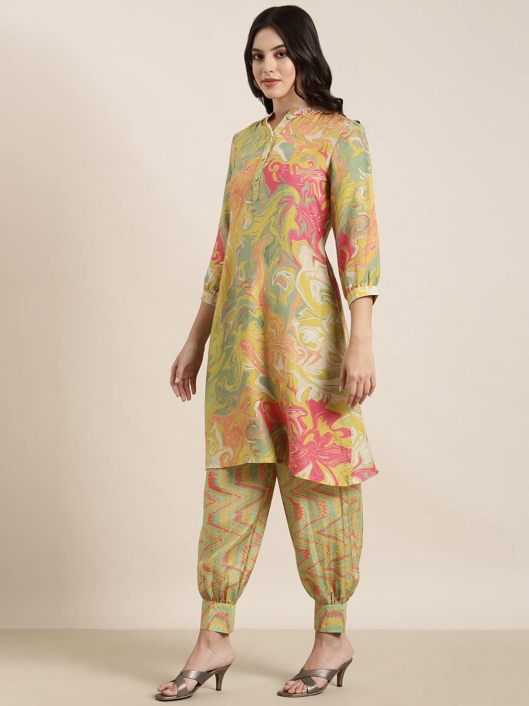 Women A-Line Green Abstract Kurta and Patiala Set