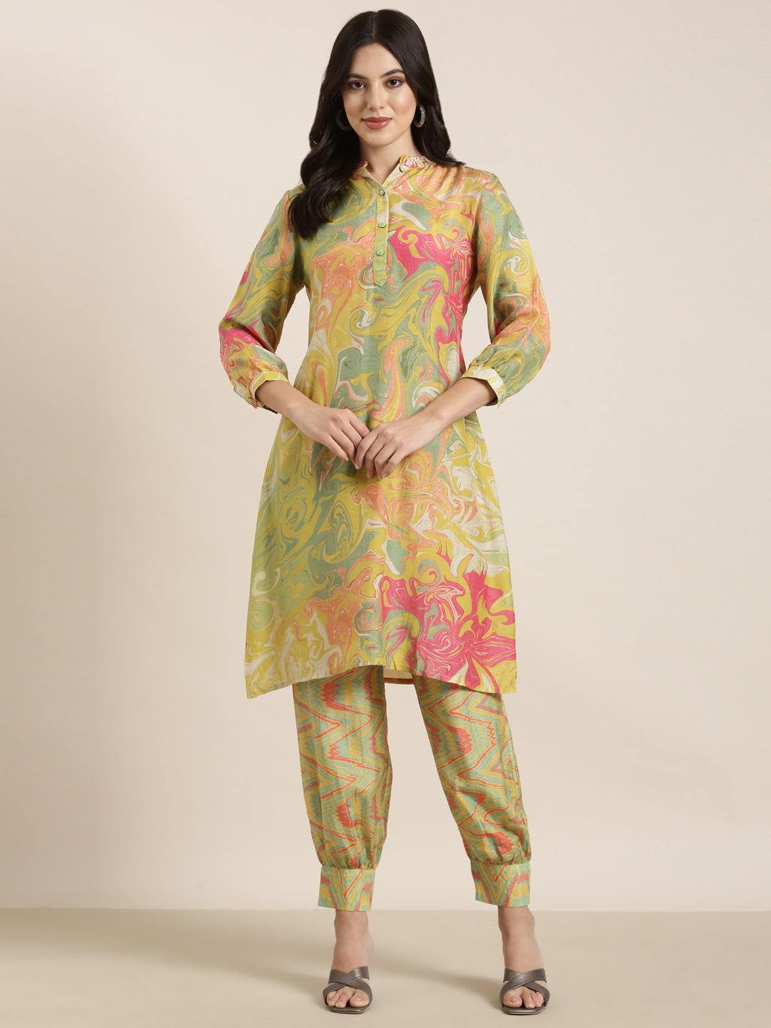 Women A-Line Green Abstract Kurta and Patiala Set