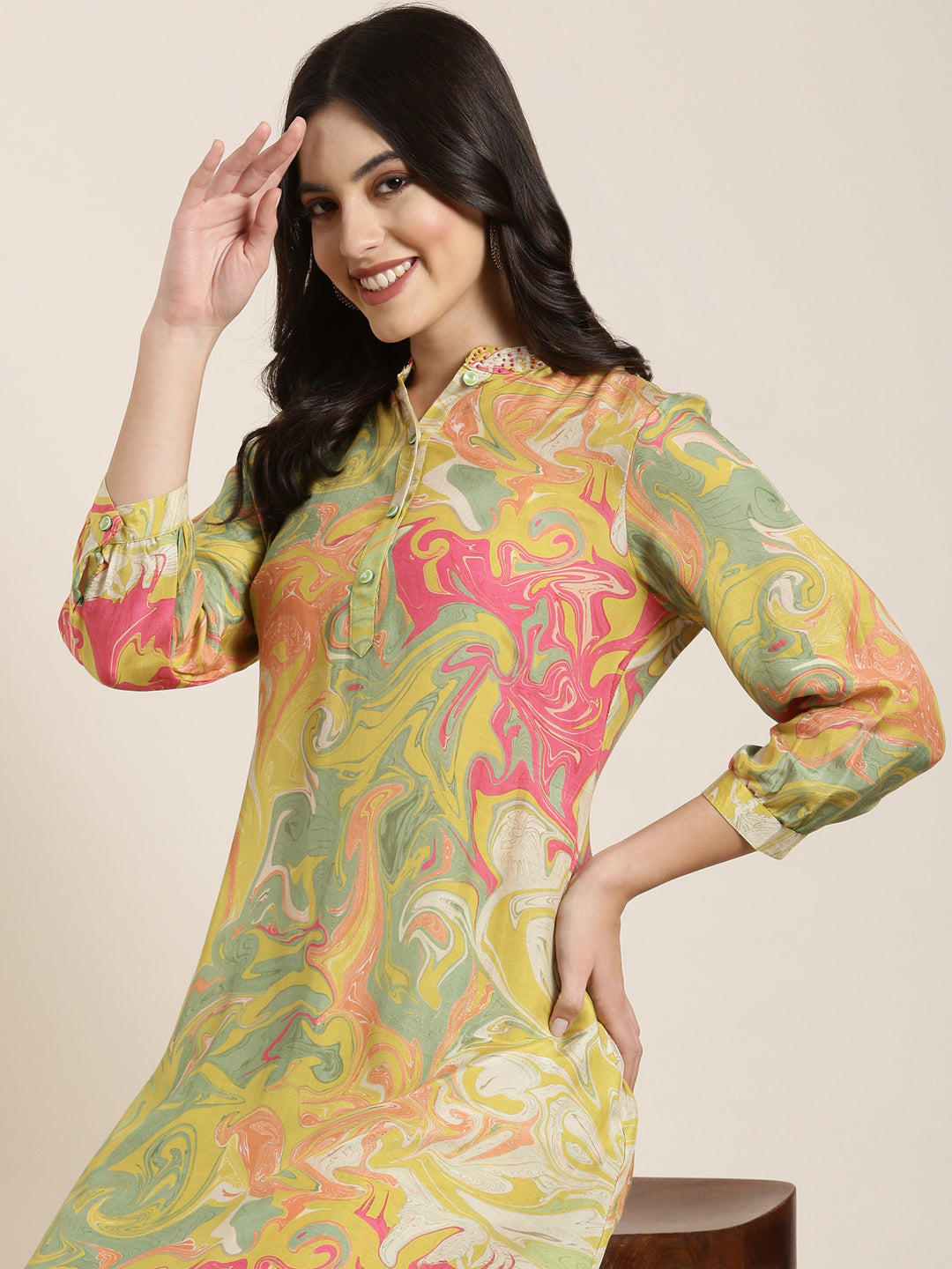 Women A-Line Green Abstract Kurta and Patiala Set