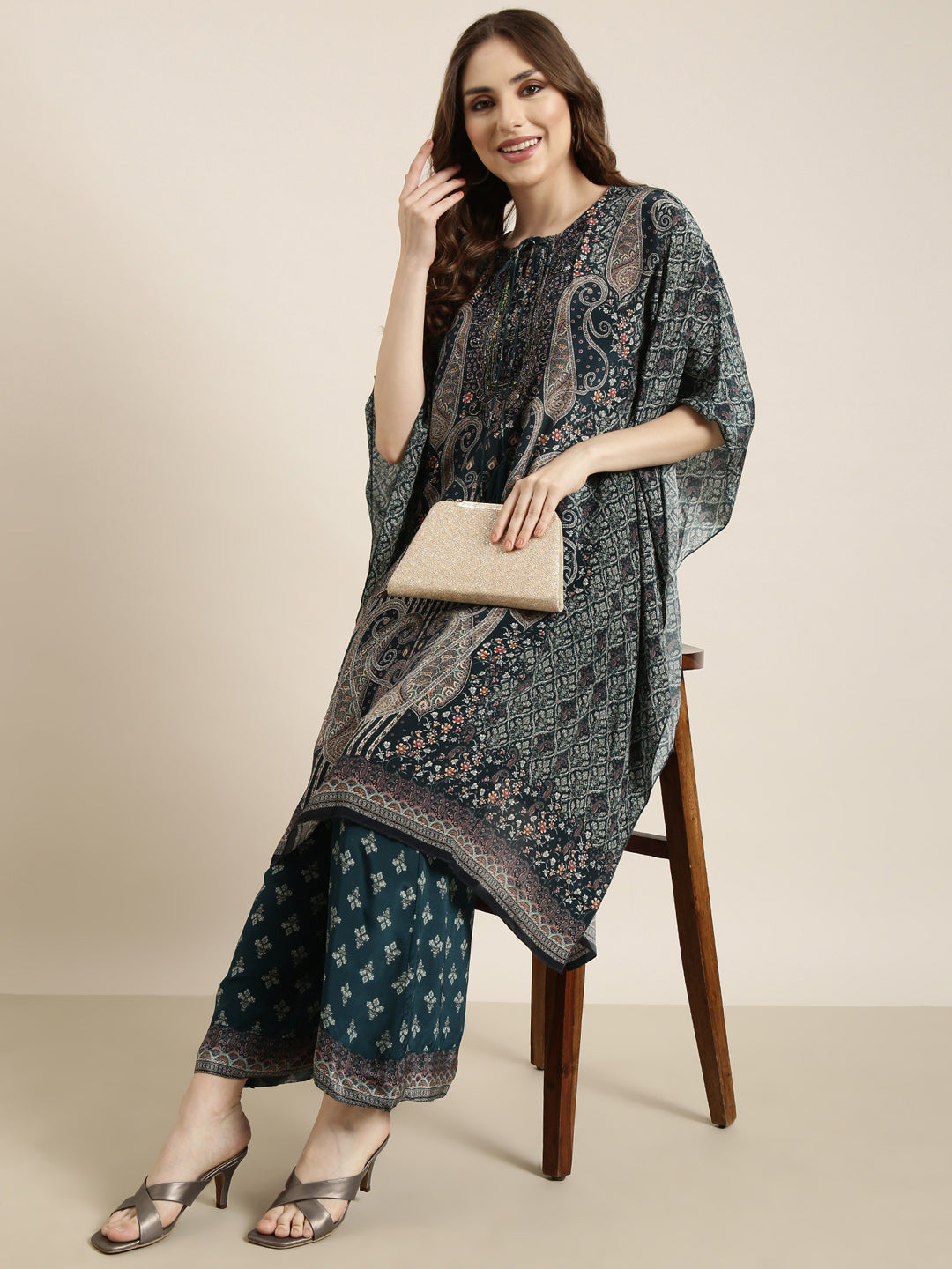 Women Teal Printed Tunic & Trousers Set