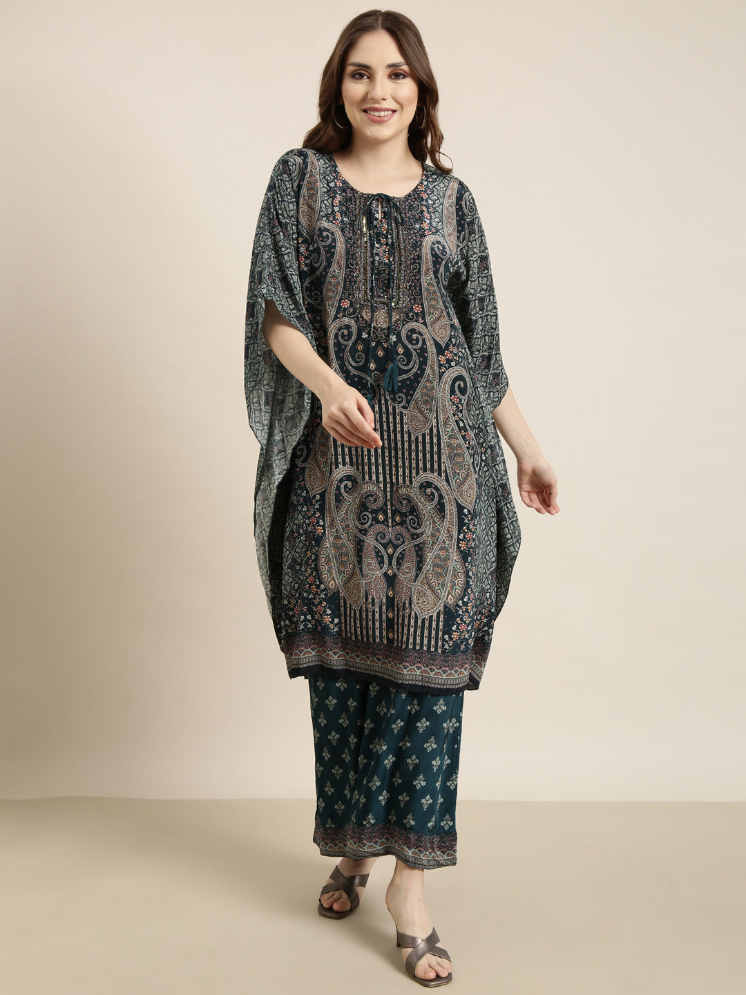 Women Teal Printed Tunic & Trousers Set