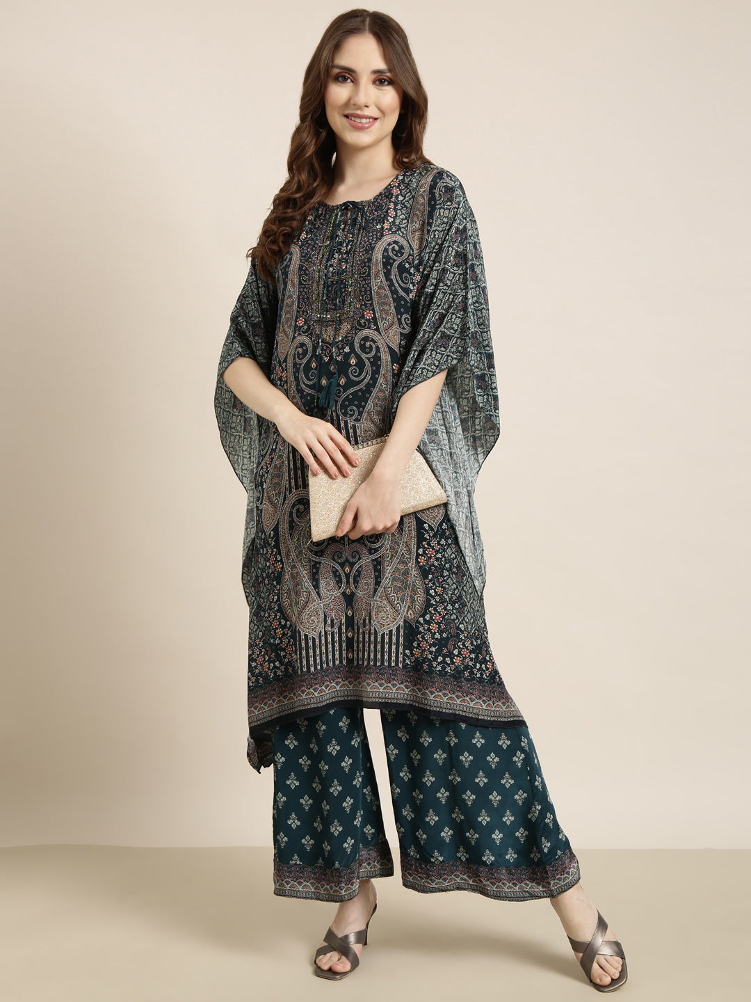 Women Teal Printed Tunic & Trousers Set