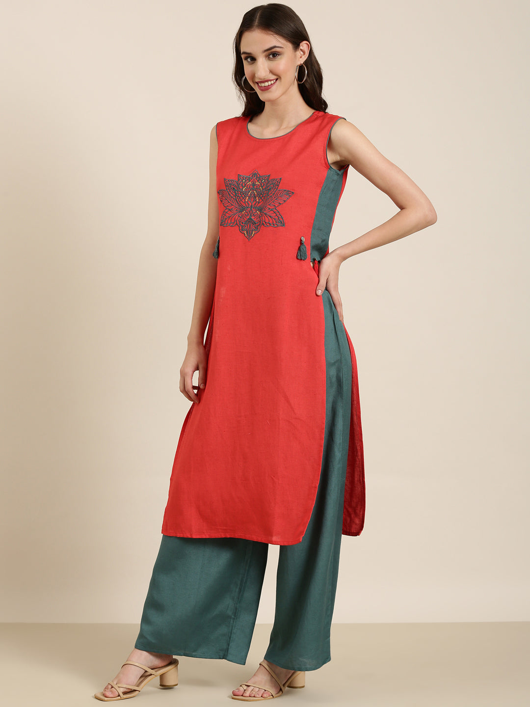 Women Red Solid Kurta Set