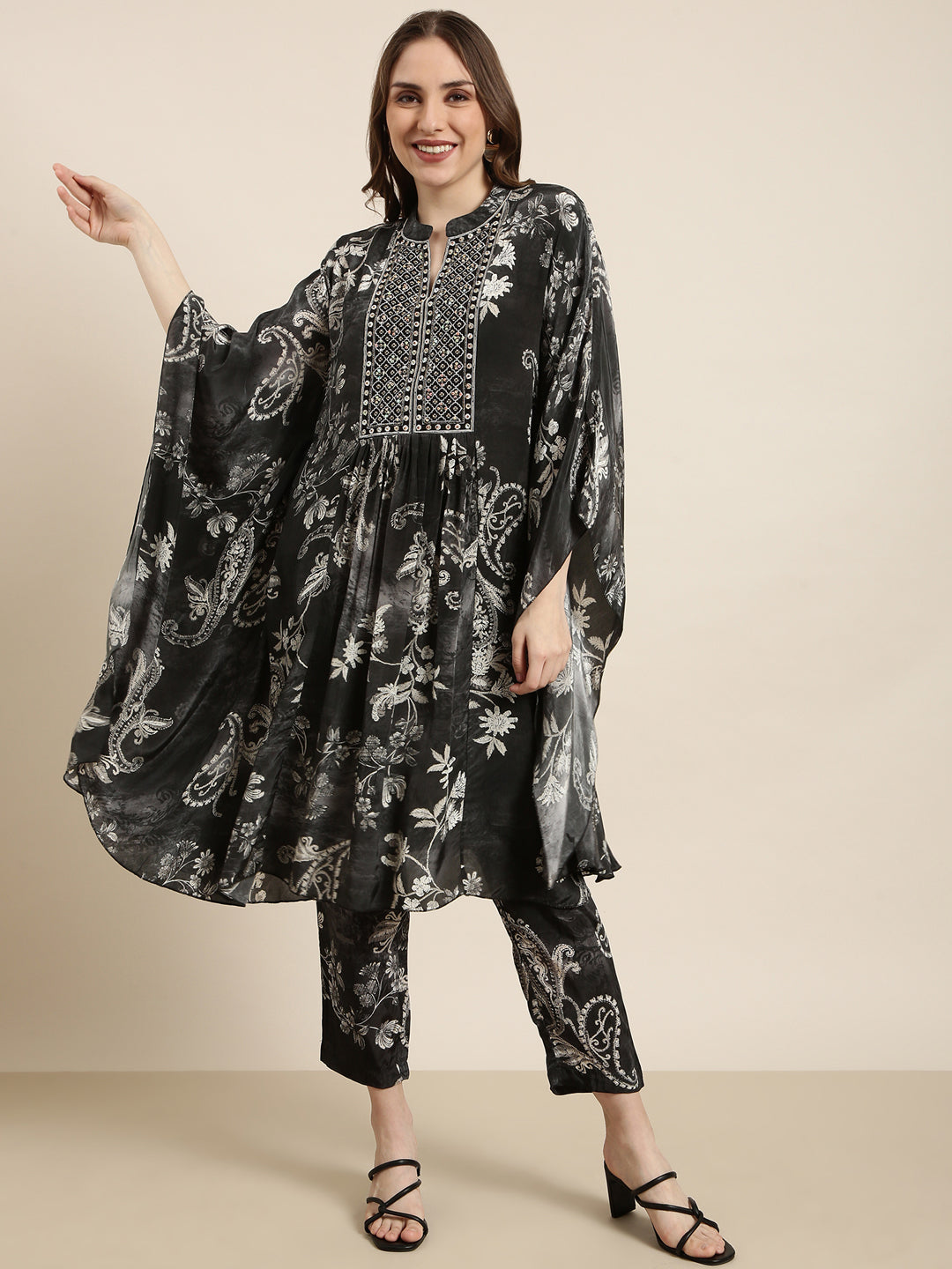 Women Kaftan Charcoal Ethnic Motifs Kurta and Trousers Set