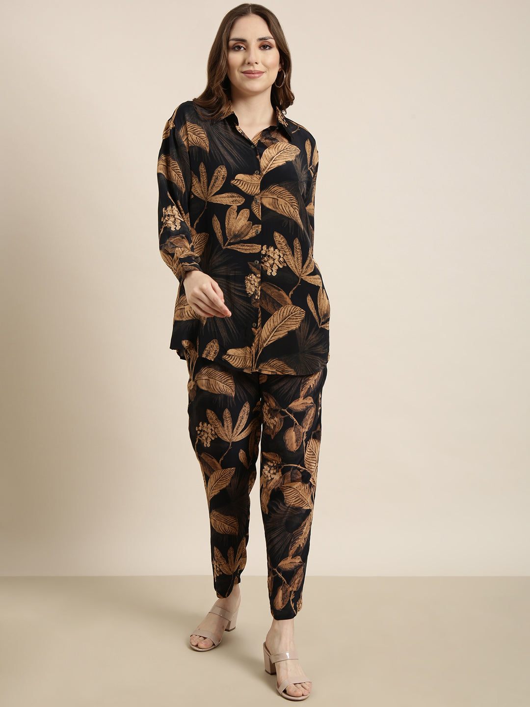 Women's Navy Blue Tropical Printed Shirt & Trousers Set