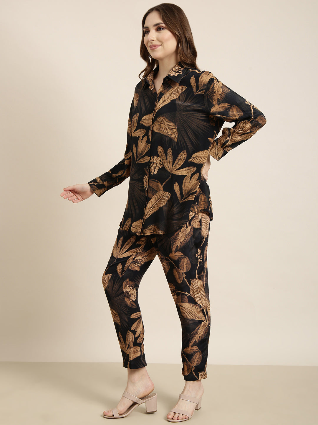 Women's Navy Blue Tropical Printed Shirt & Trousers Set