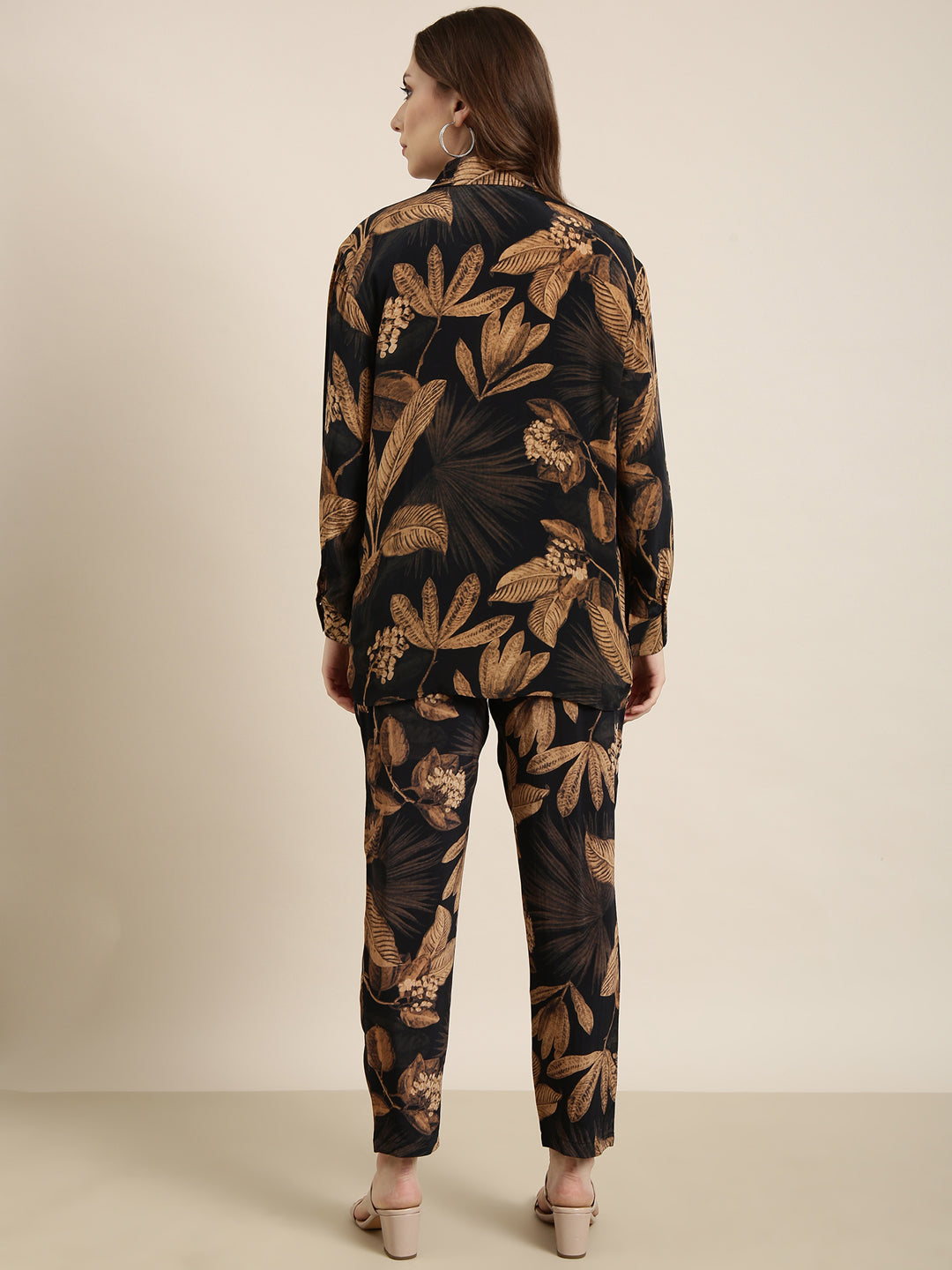 Women's Navy Blue Tropical Printed Shirt & Trousers Set