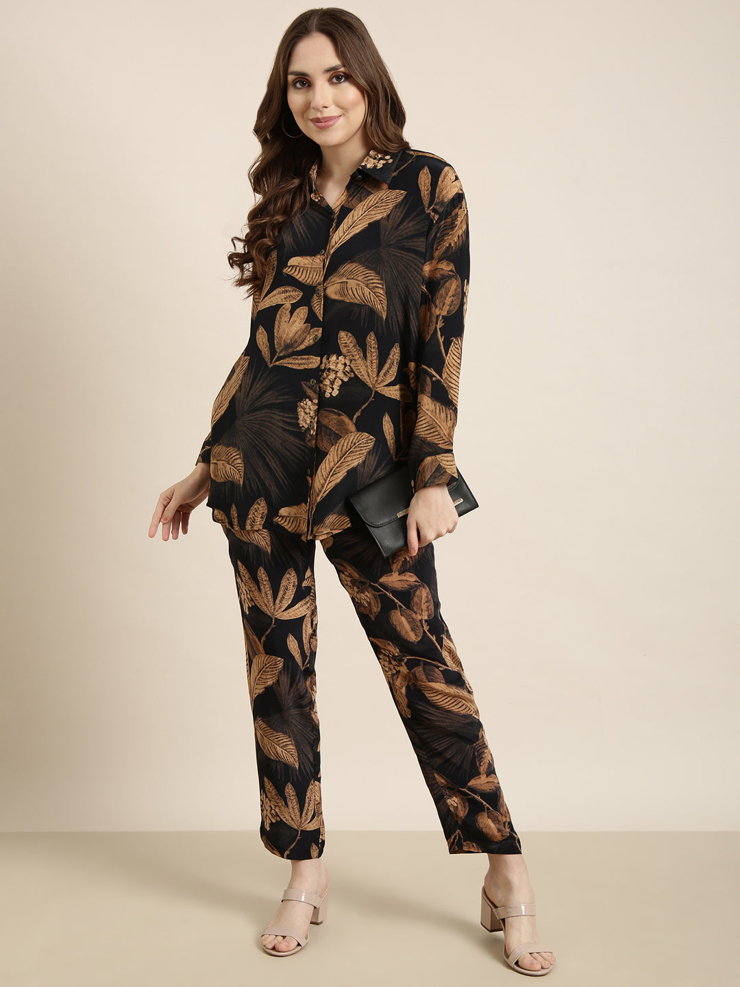 Women's Navy Blue Tropical Printed Shirt & Trousers Set