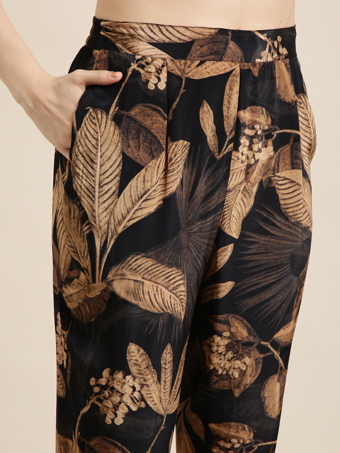 Women's Navy Blue Tropical Printed Shirt & Trousers Set