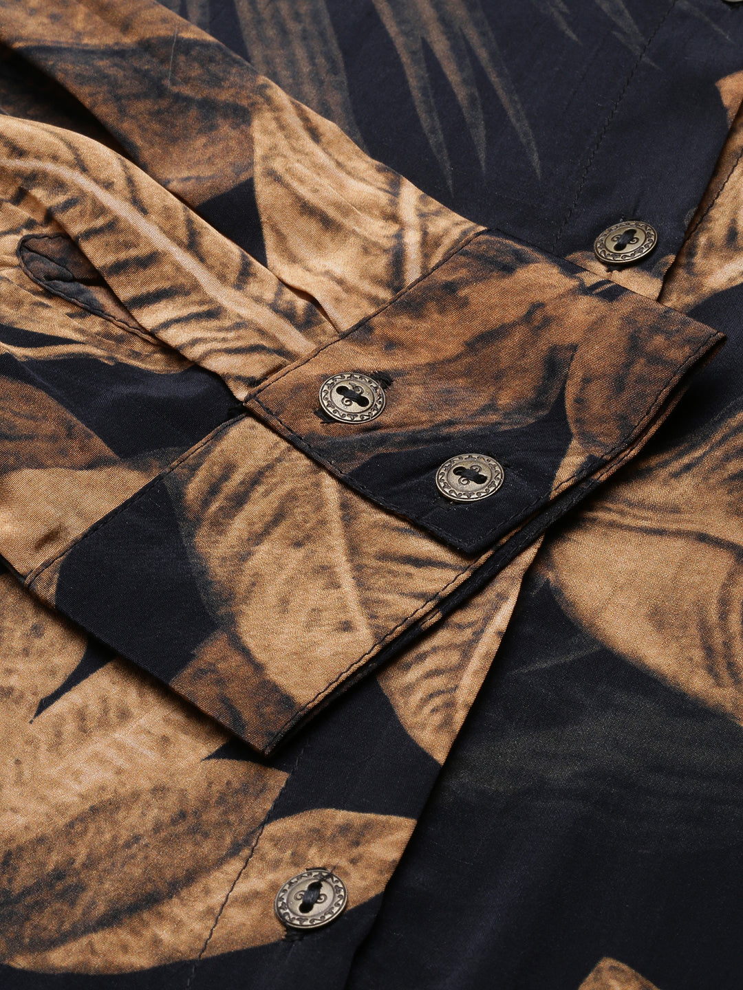 Women's Navy Blue Tropical Printed Shirt & Trousers Set