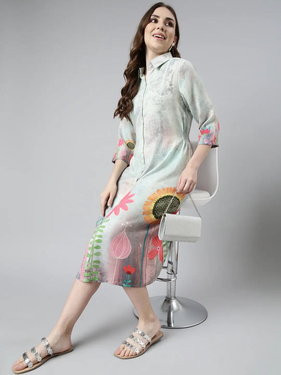 Women's Sea Green Floral Printed Shirt Midi Dress