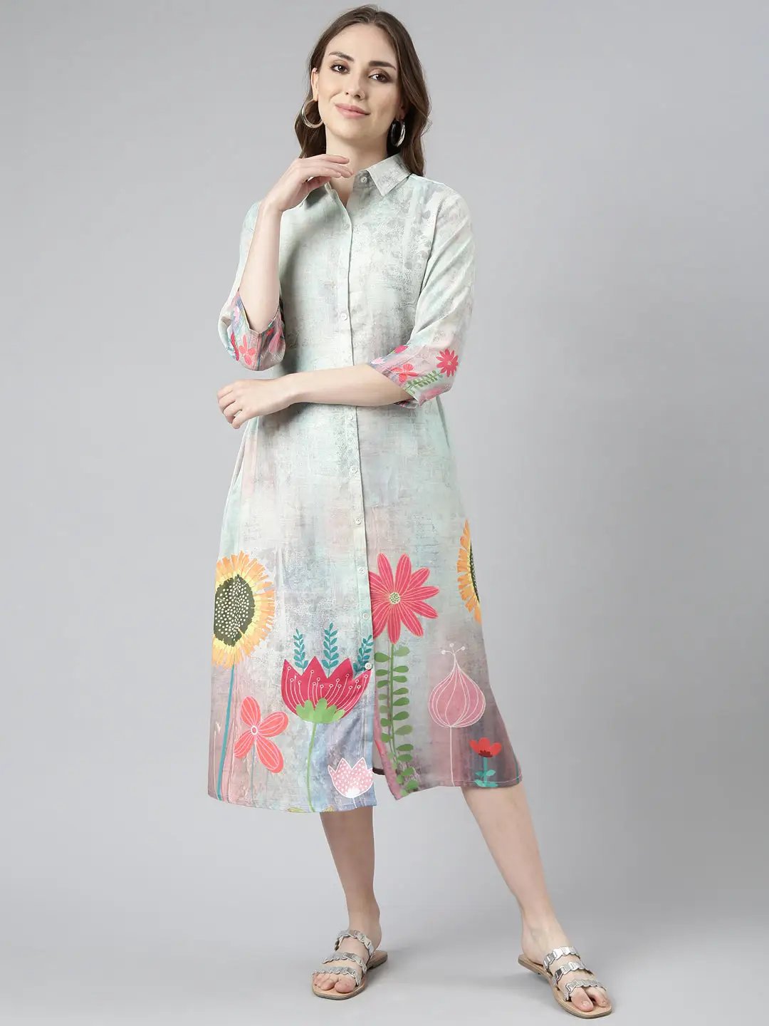 Women's Sea Green Floral Printed Shirt Midi Dress