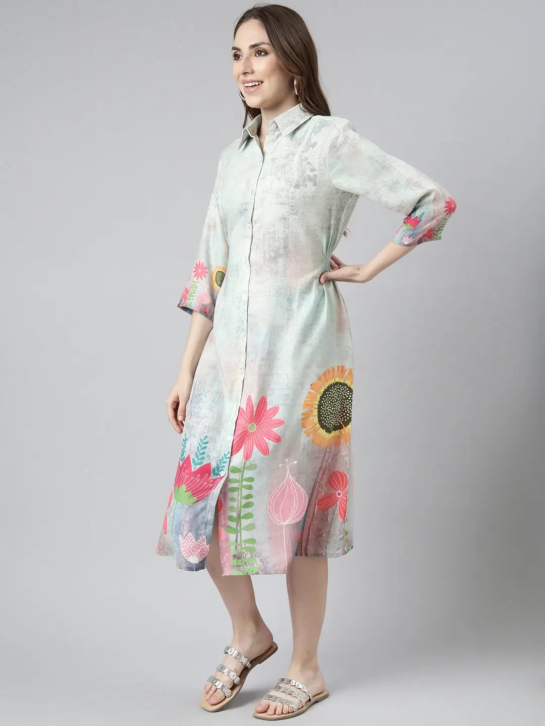 Women's Sea Green Floral Printed Shirt Midi Dress
