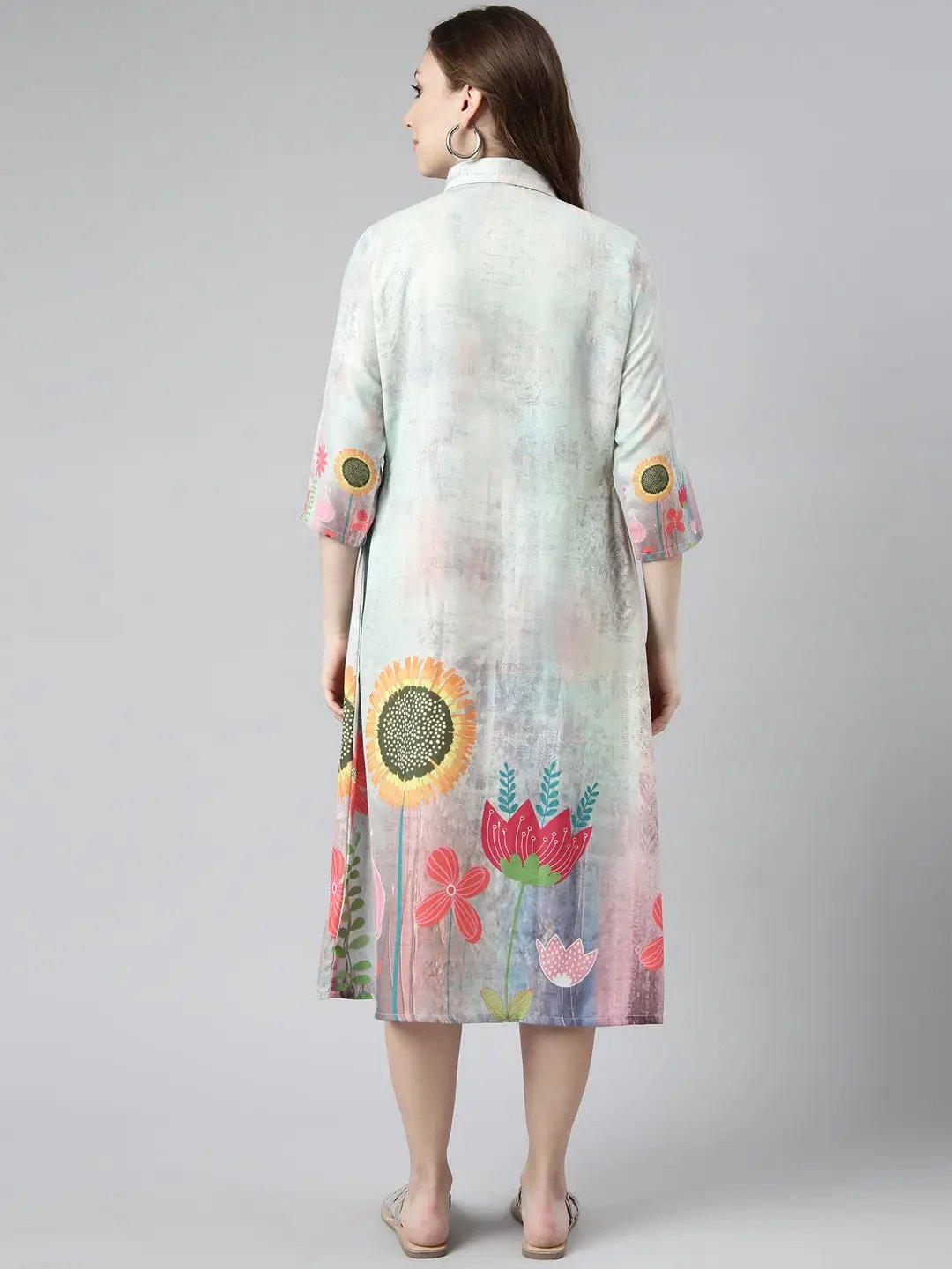 Women's Sea Green Floral Printed Shirt Midi Dress