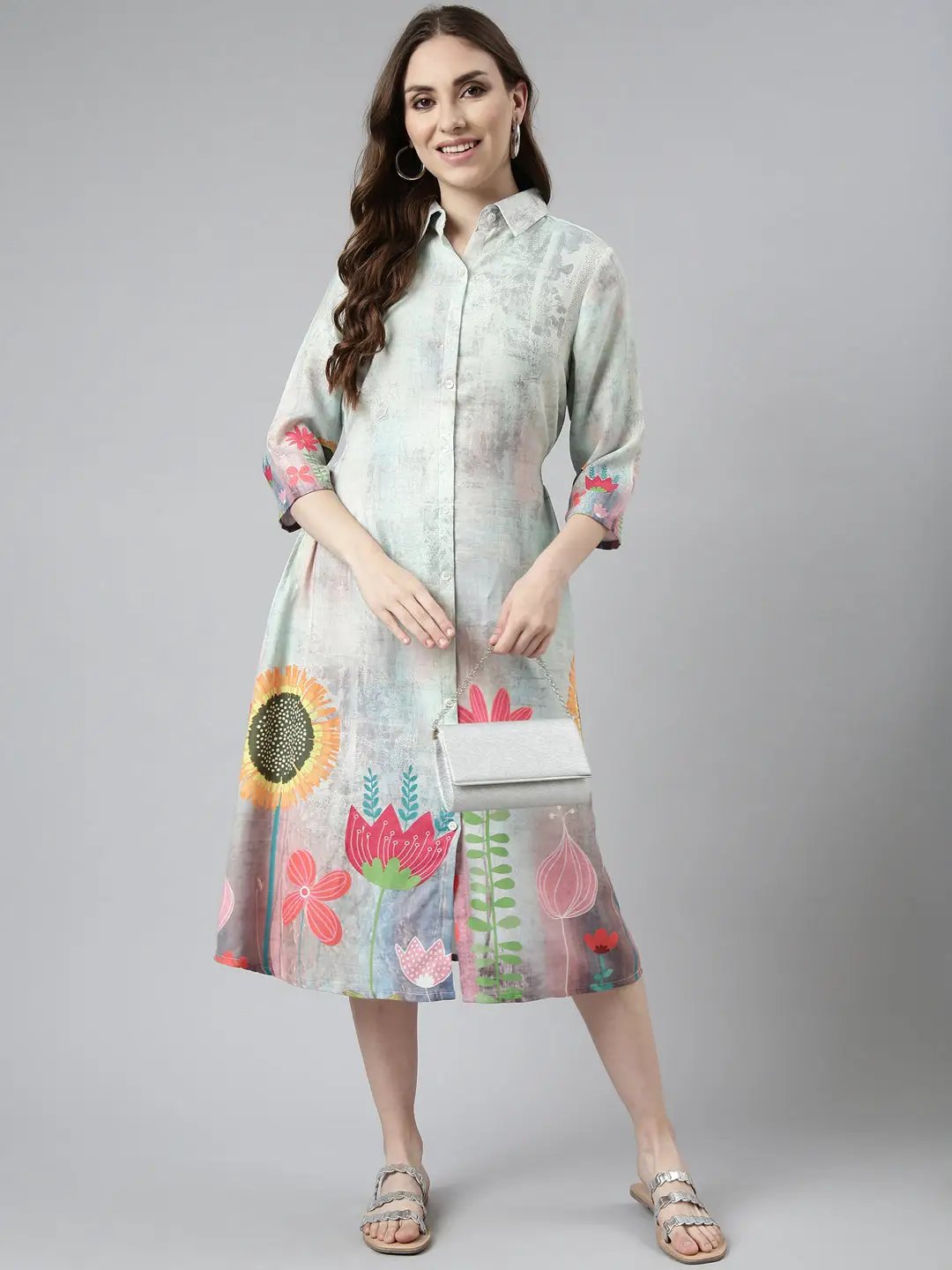 Women's Sea Green Floral Printed Shirt Midi Dress