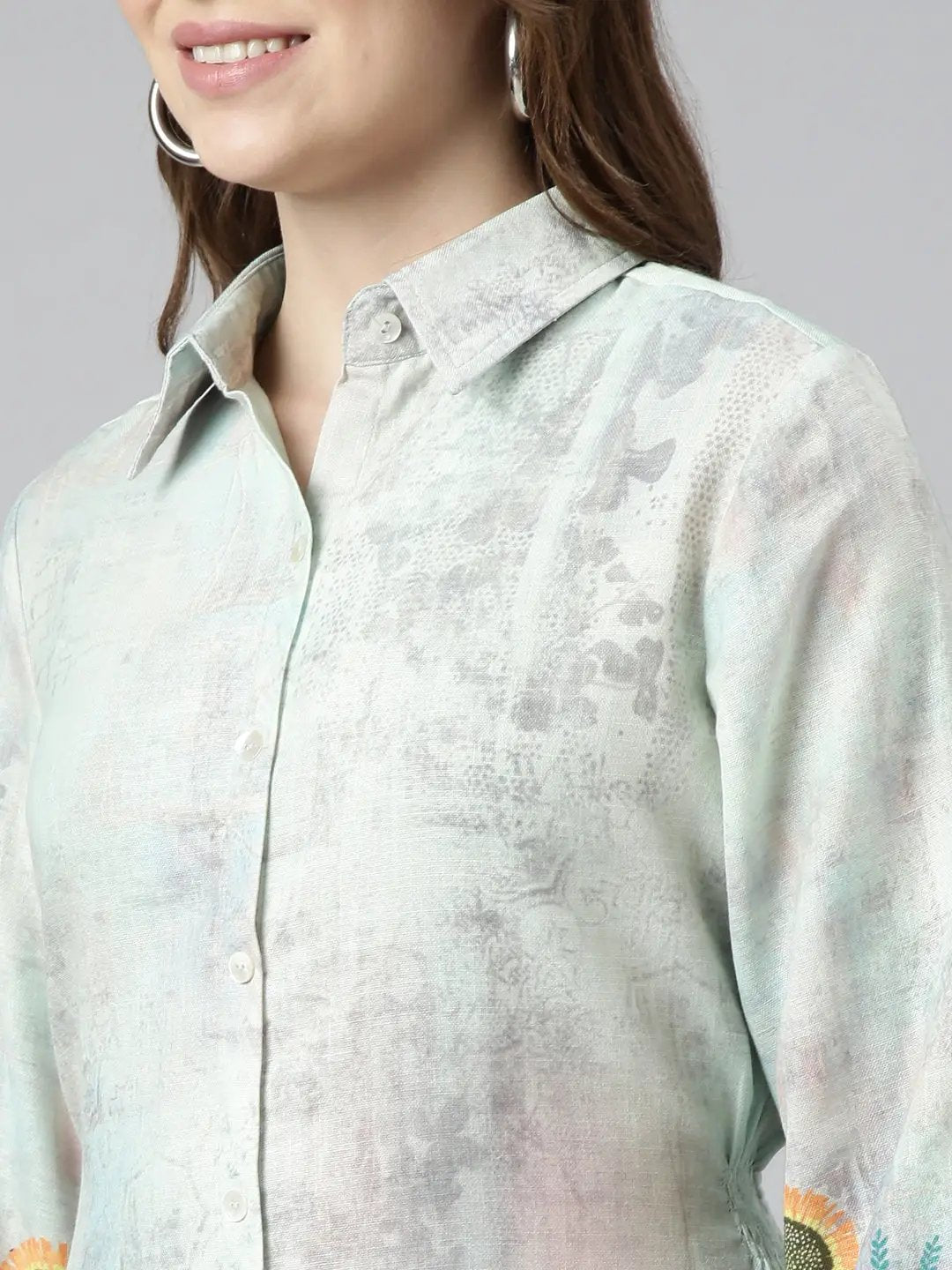 Women's Sea Green Floral Printed Shirt Midi Dress