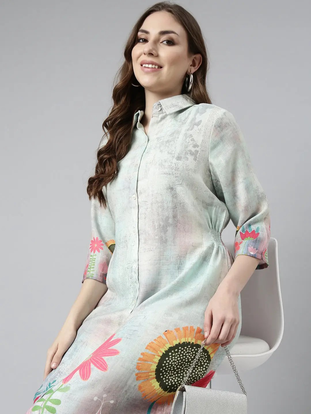 Women's Sea Green Floral Printed Shirt Midi Dress