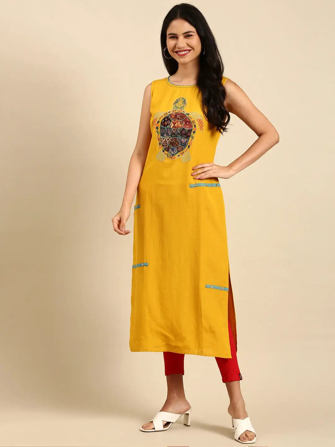 Women's Yellow Embroidered Straight Kurta