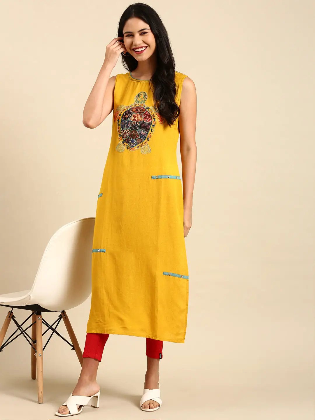 Women's Yellow Embroidered Straight Kurta