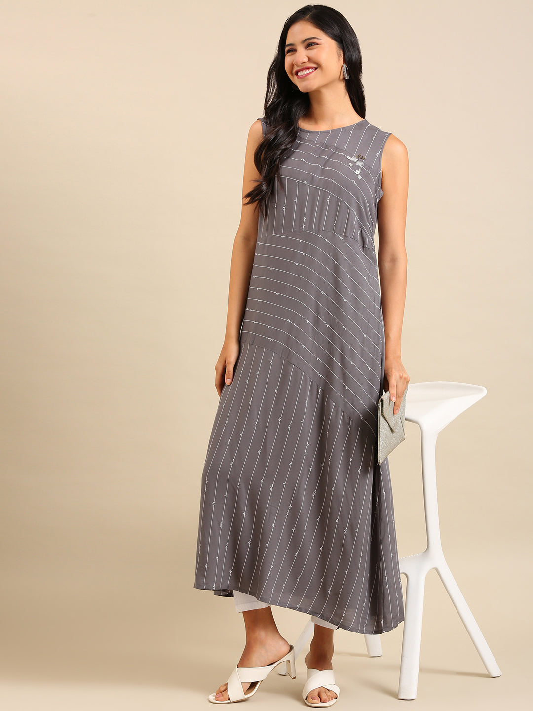 Women's Grey Striped A-Line Kurta