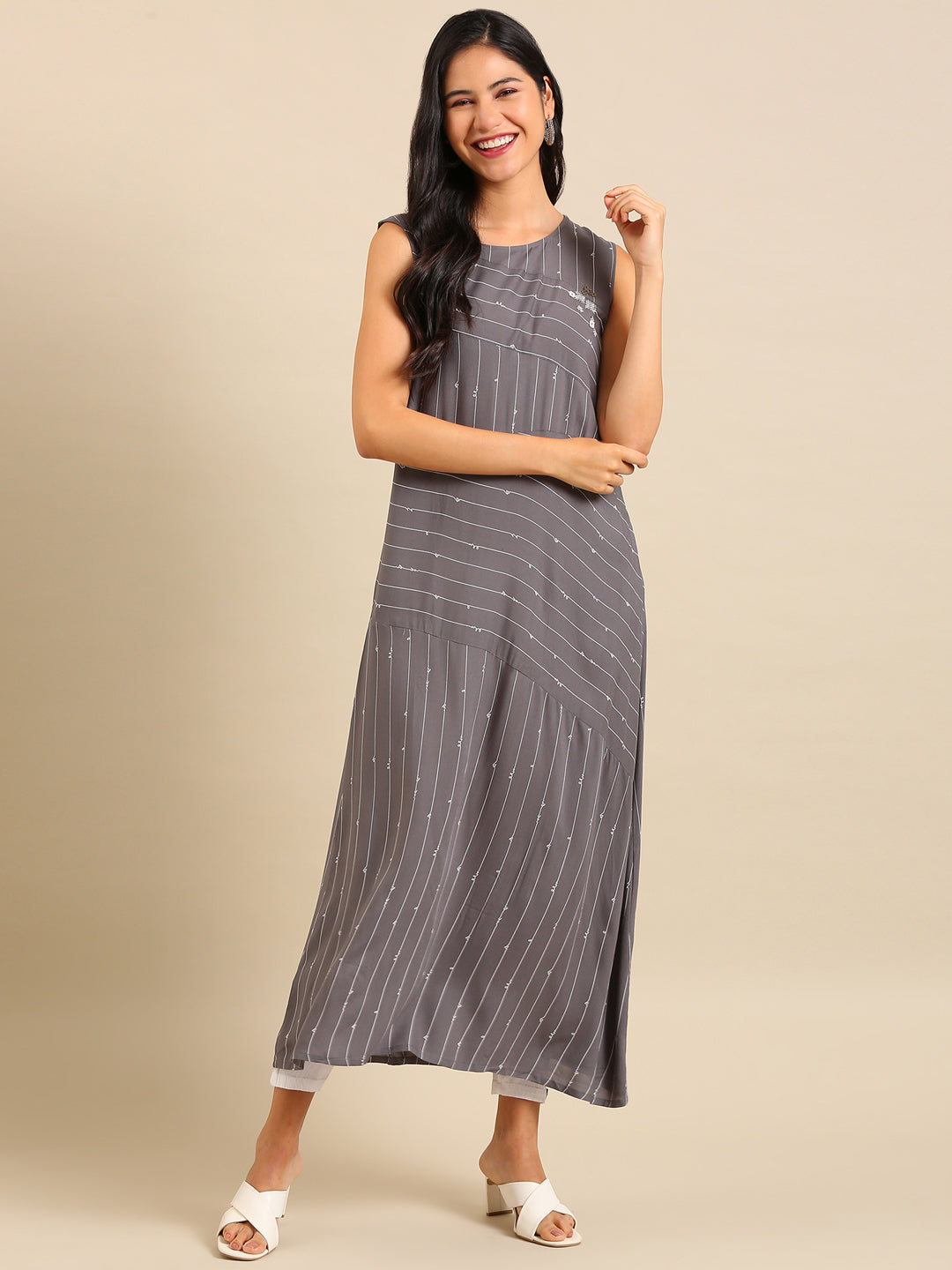 Women's Grey Striped A-Line Kurta