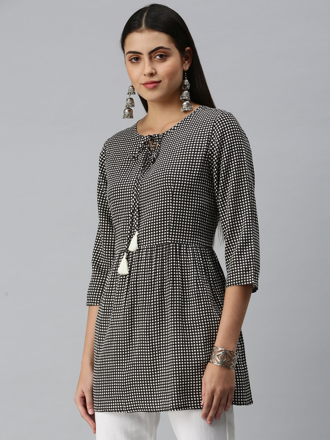 Women's Black Checked A-Line Kurti