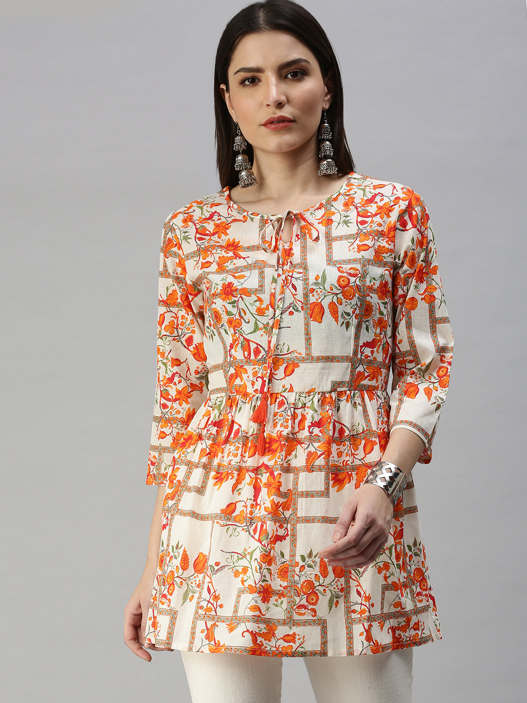 Women's Off White Floral A-Line Kurti