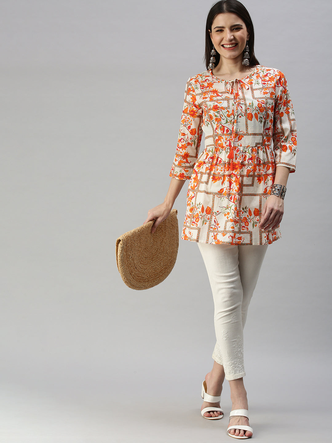 Women's Off White Floral A-Line Kurti