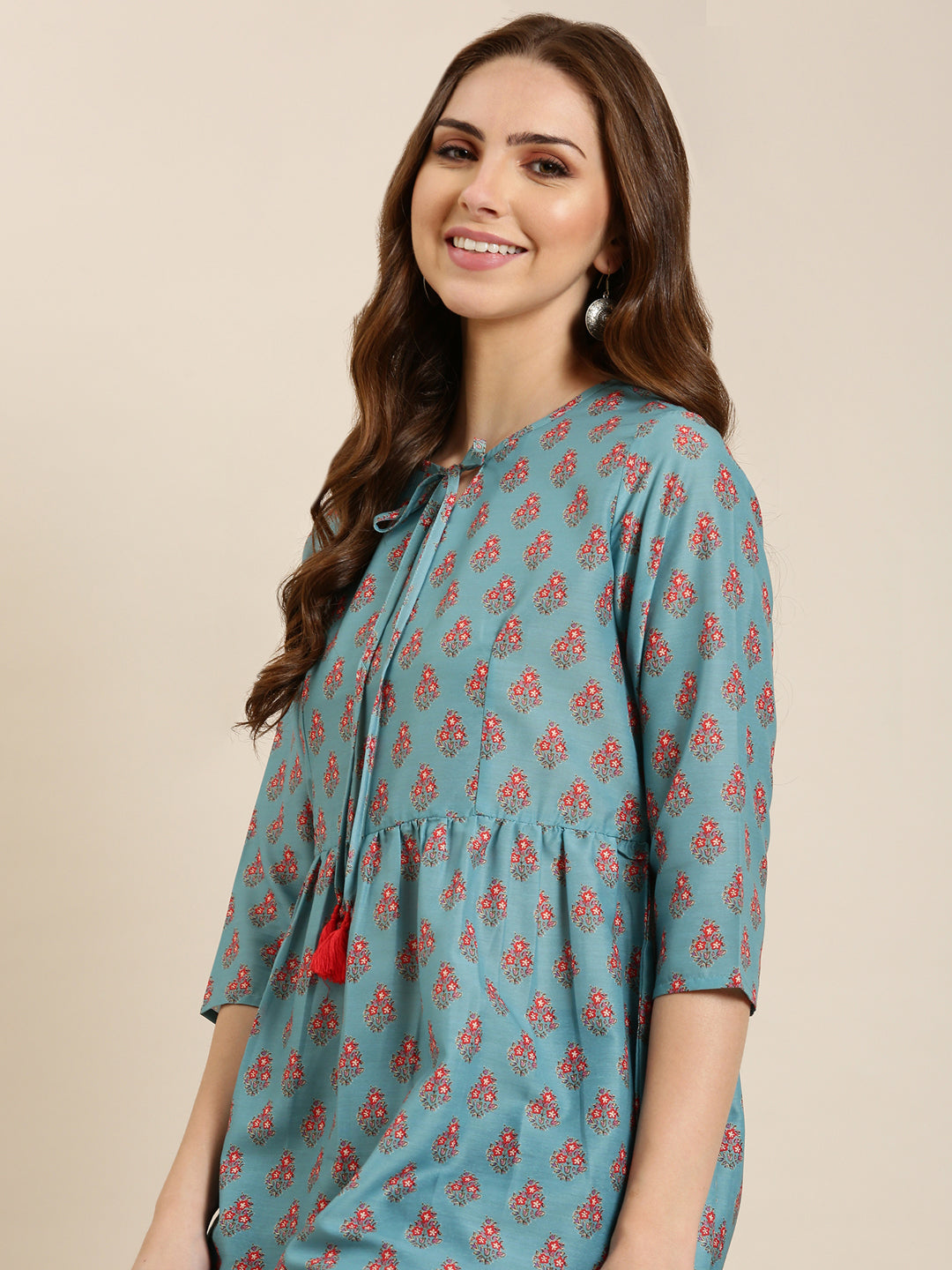 Women Teal Floral A-Line Kurti