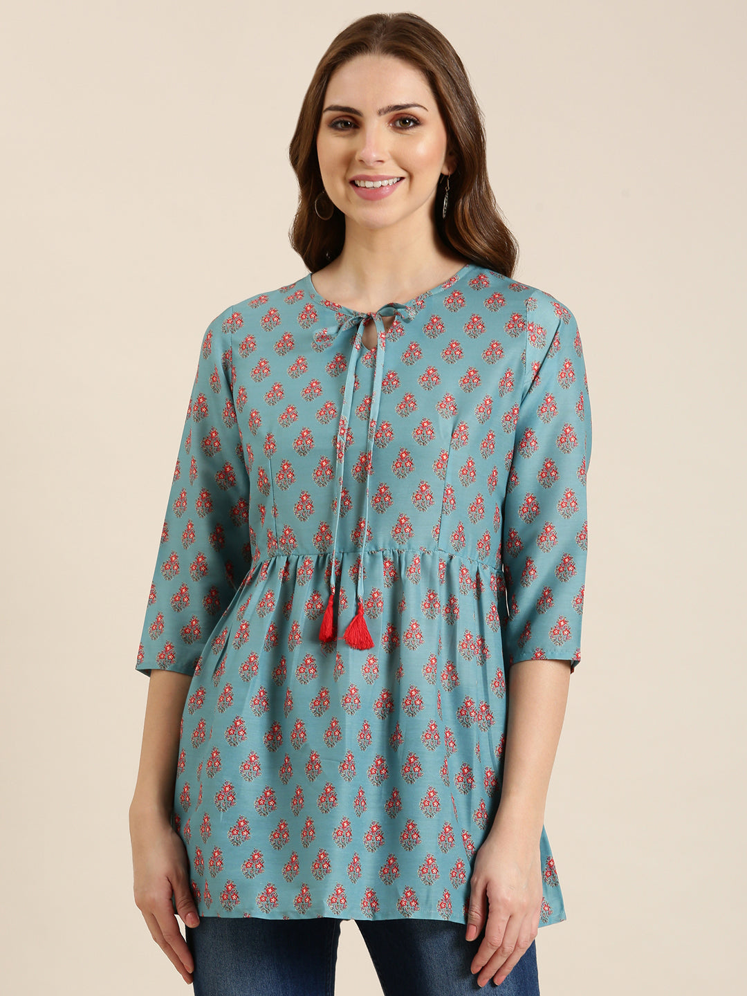 Women Teal Floral A-Line Kurti