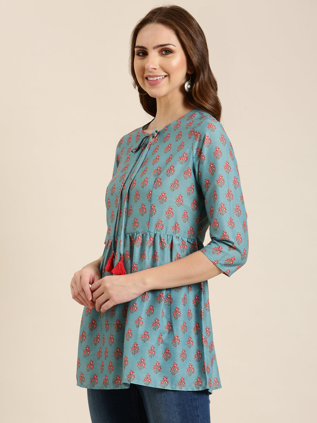 Women Teal Floral A-Line Kurti