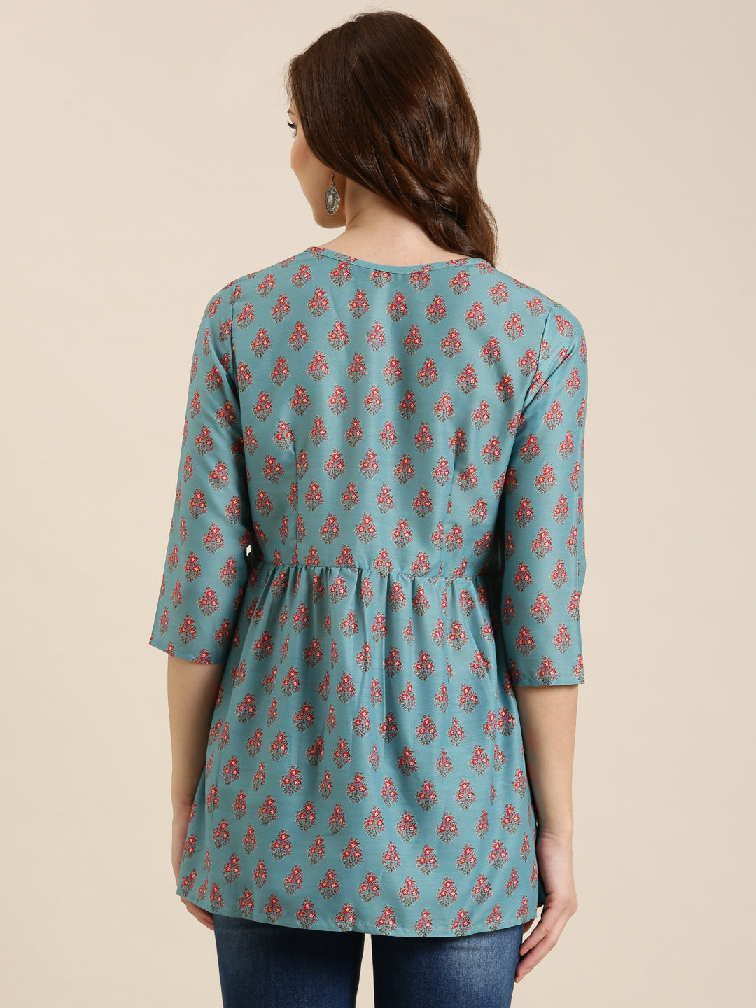 Women Teal Floral A-Line Kurti