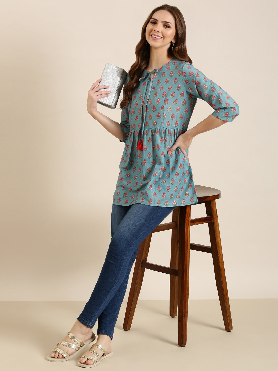 Women Teal Floral A-Line Kurti