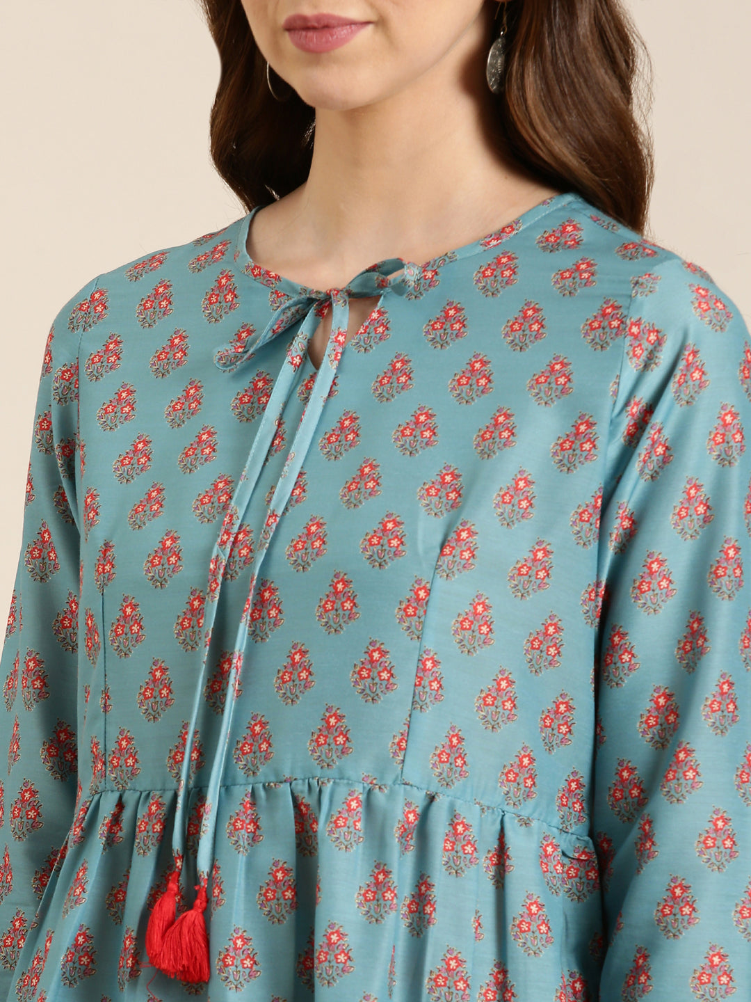 Women Teal Floral A-Line Kurti