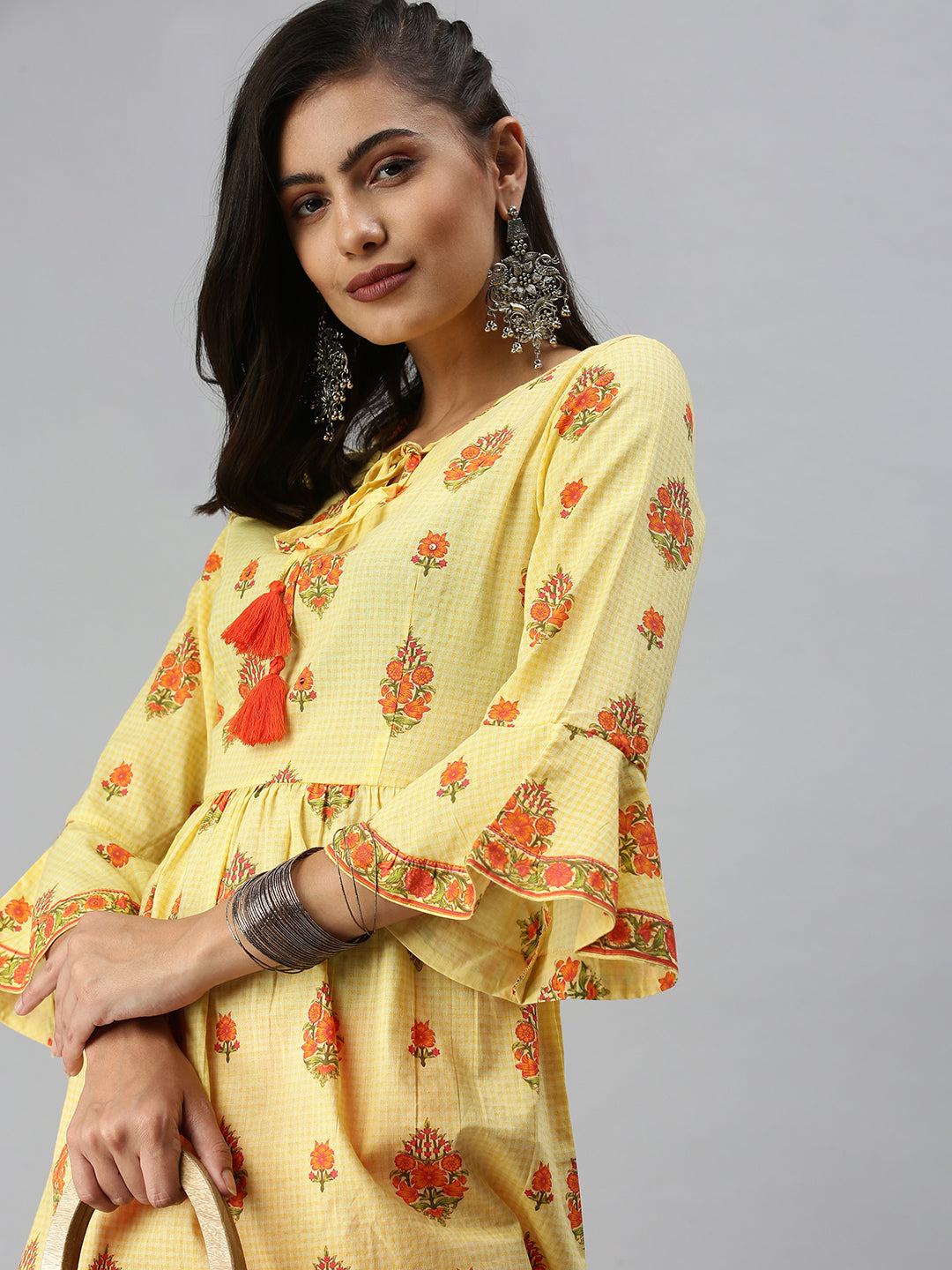 Women's Yellow Printed A-Line Kurti