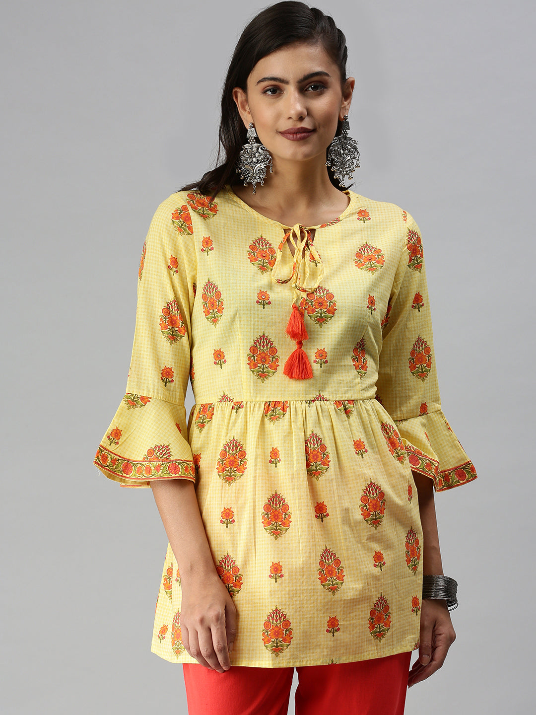 Women's Yellow Printed A-Line Kurti