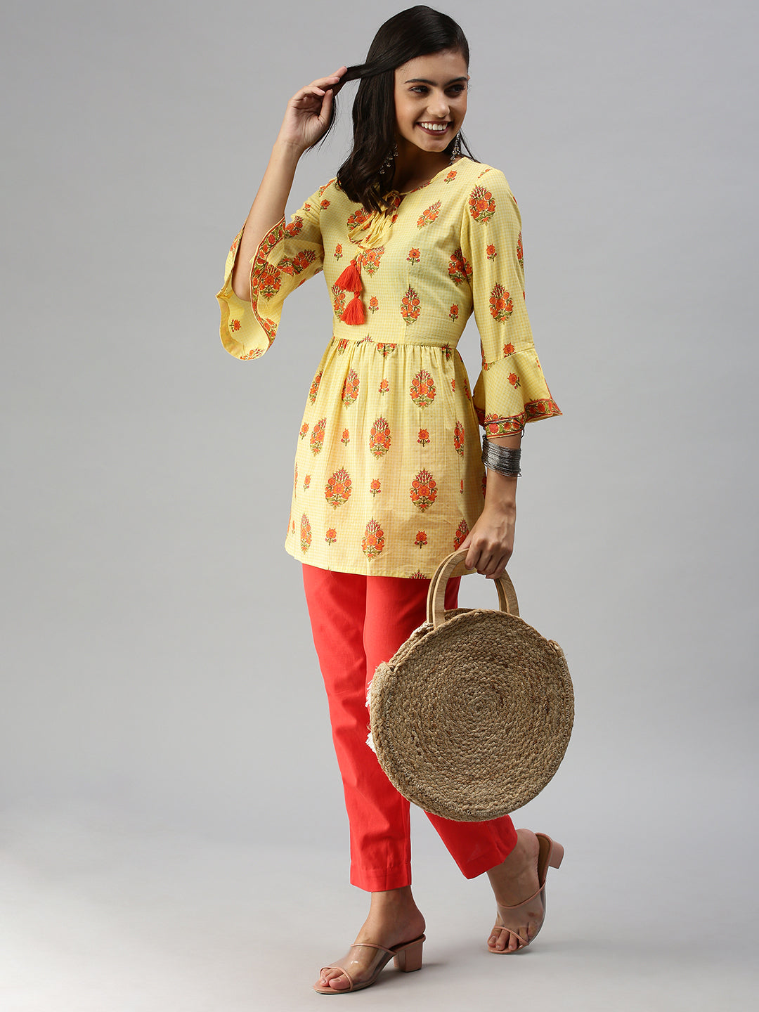 Women's Yellow Printed A-Line Kurti