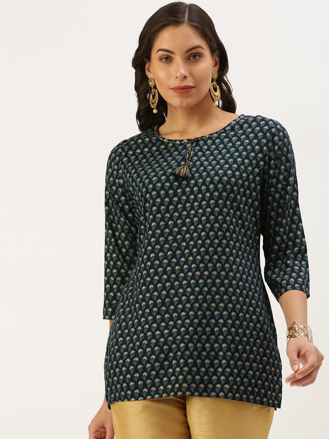 Women's Navy Blue Printed Straight Kurti