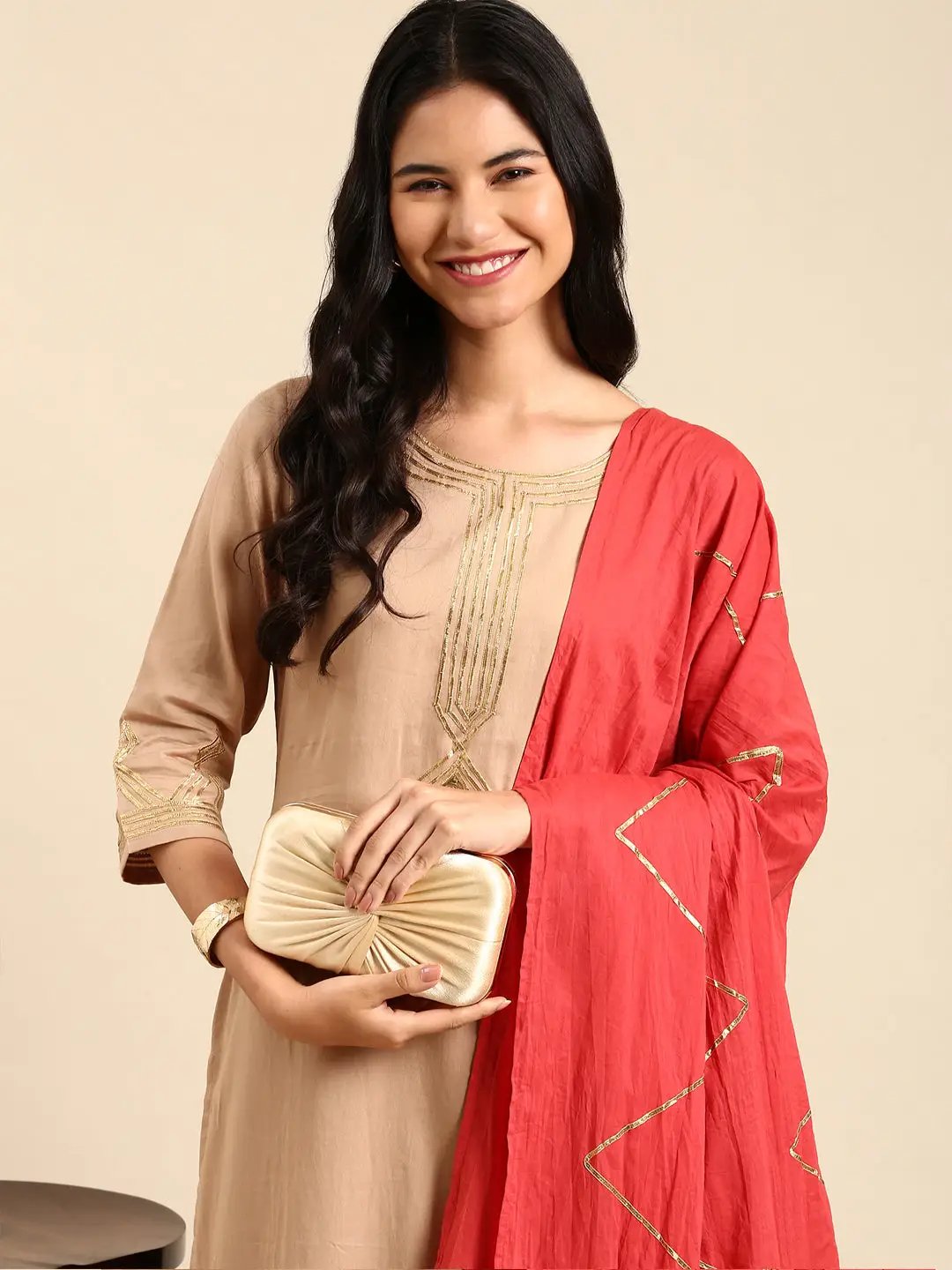 Women's Beige Embroidered Kurta Set