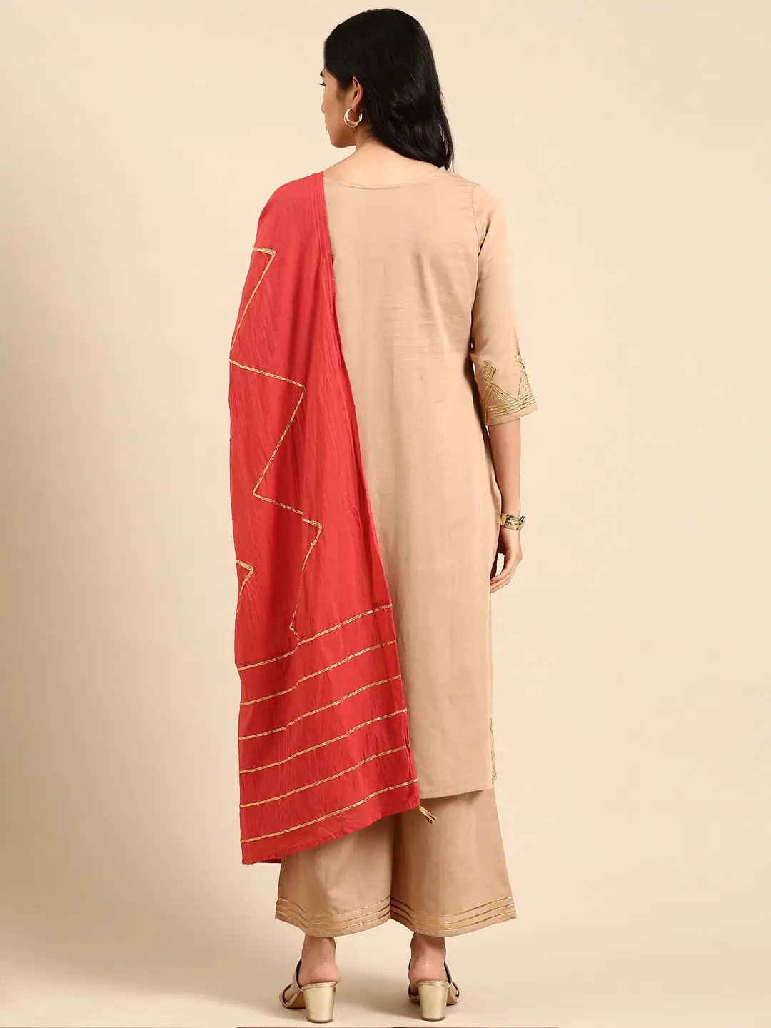 Women's Beige Embroidered Kurta Set
