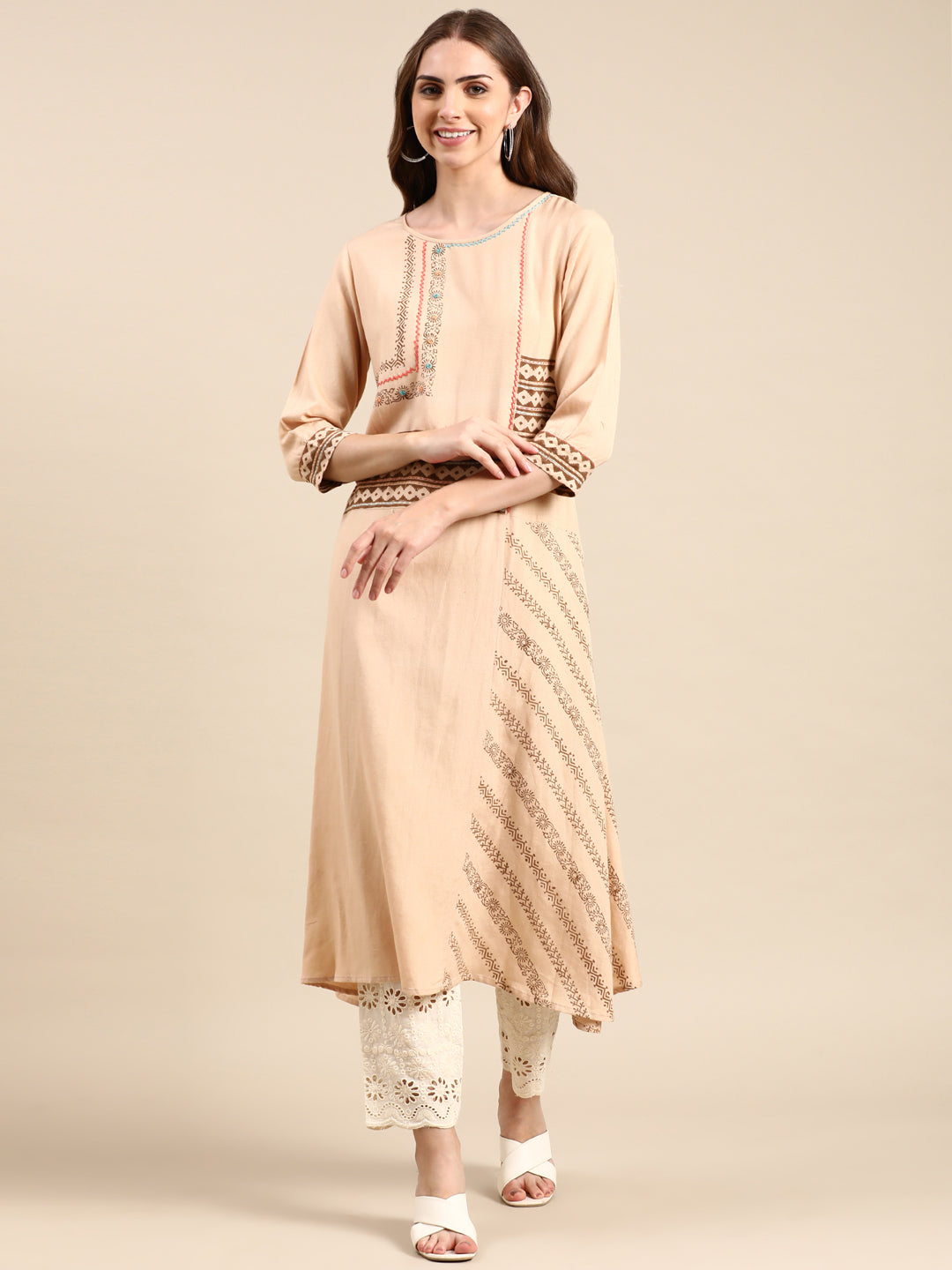 Women's Beige Printed A-Line Kurta