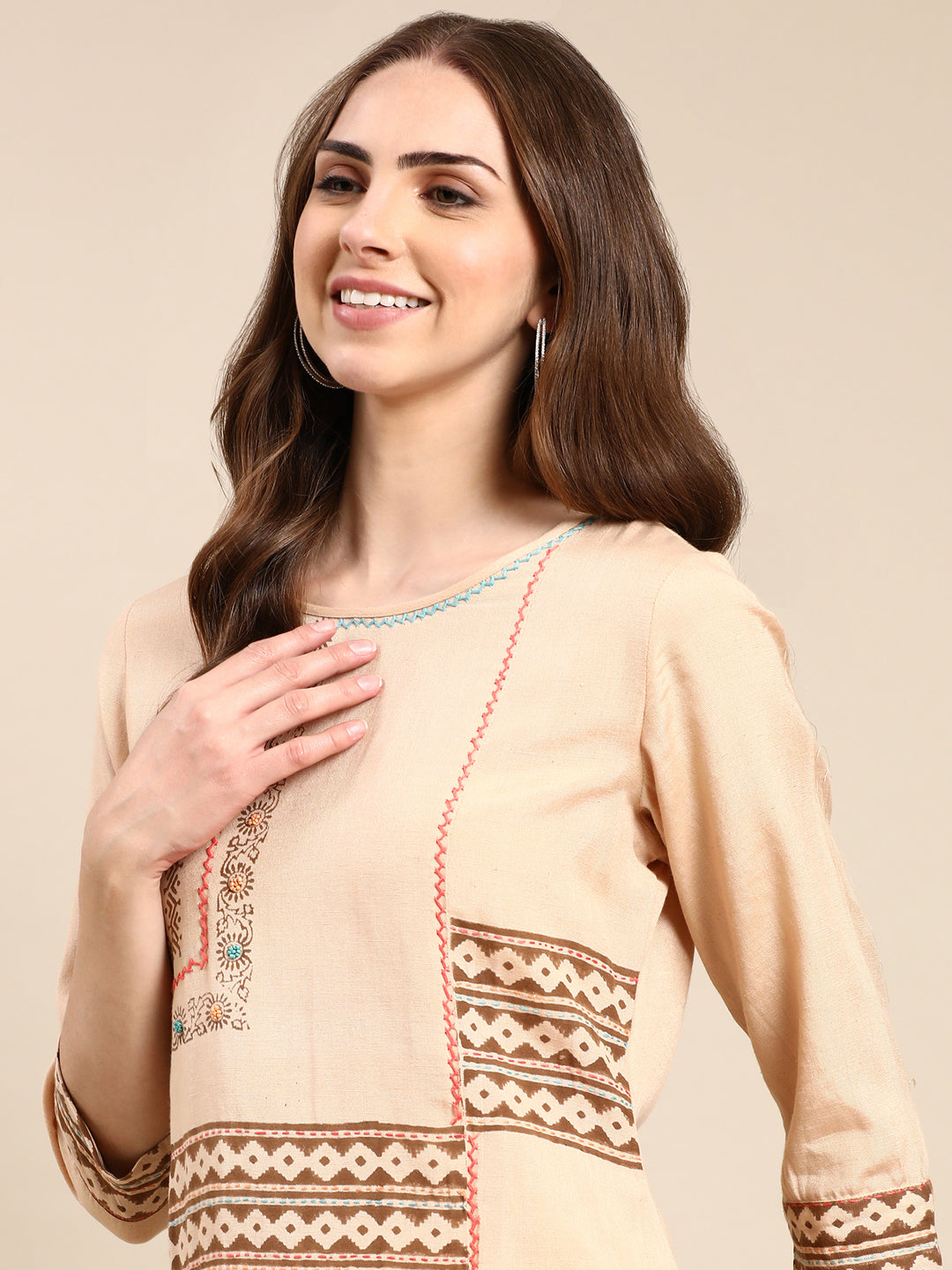 Women's Beige Printed A-Line Kurta