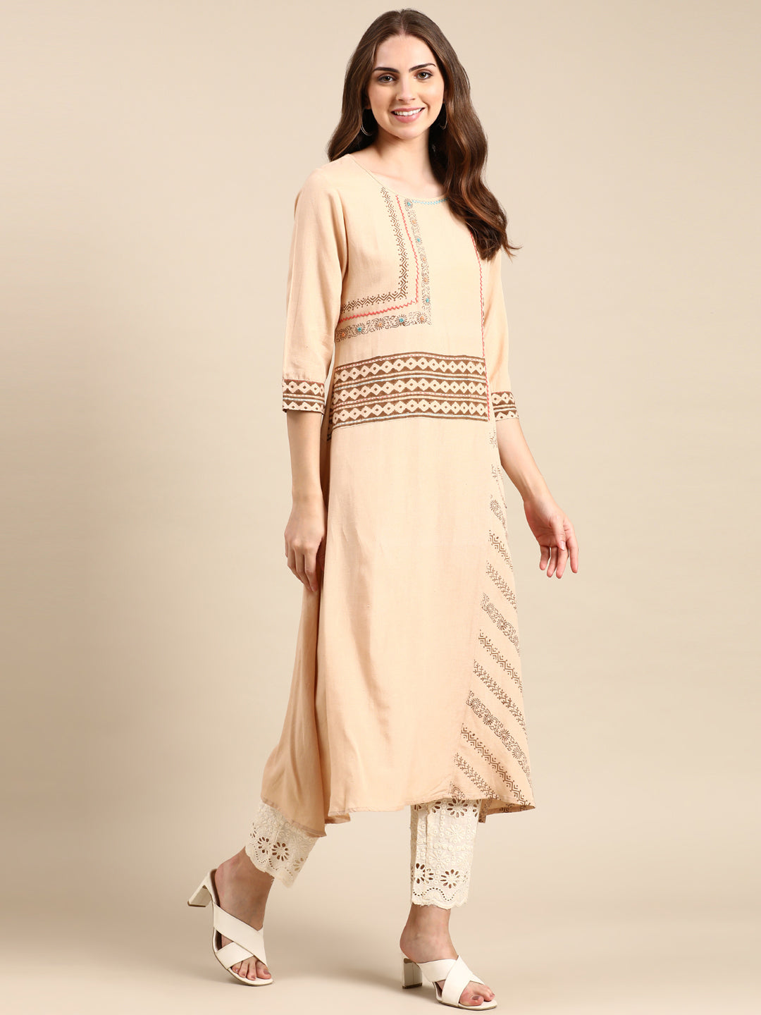 Women's Beige Printed A-Line Kurta