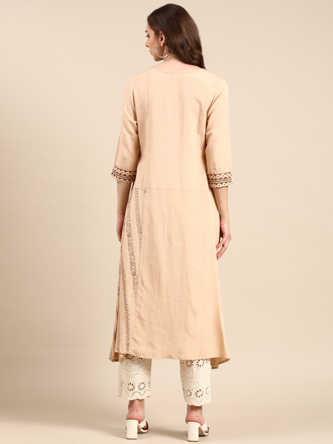 Women's Beige Printed A-Line Kurta