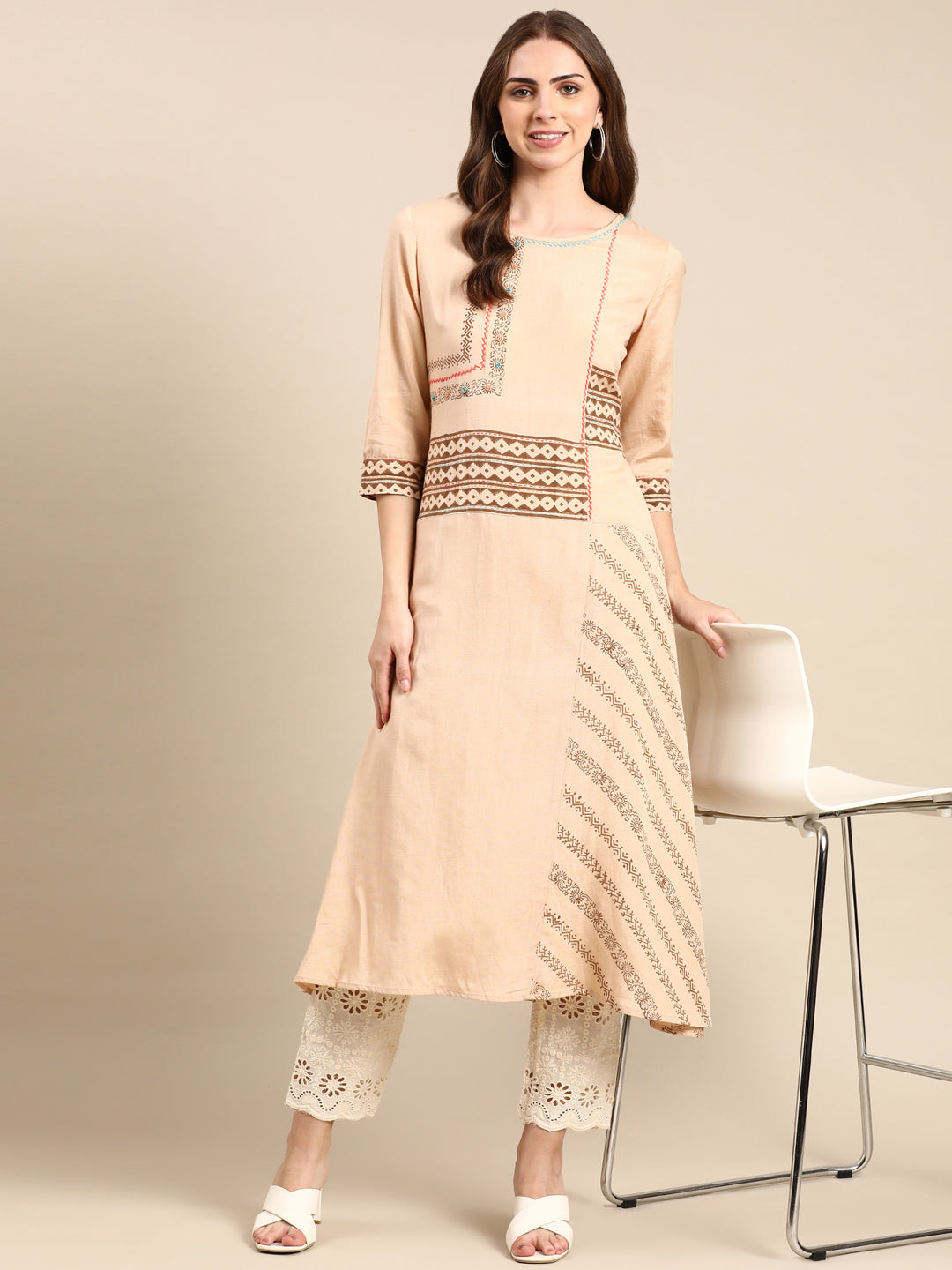 Women's Beige Printed A-Line Kurta